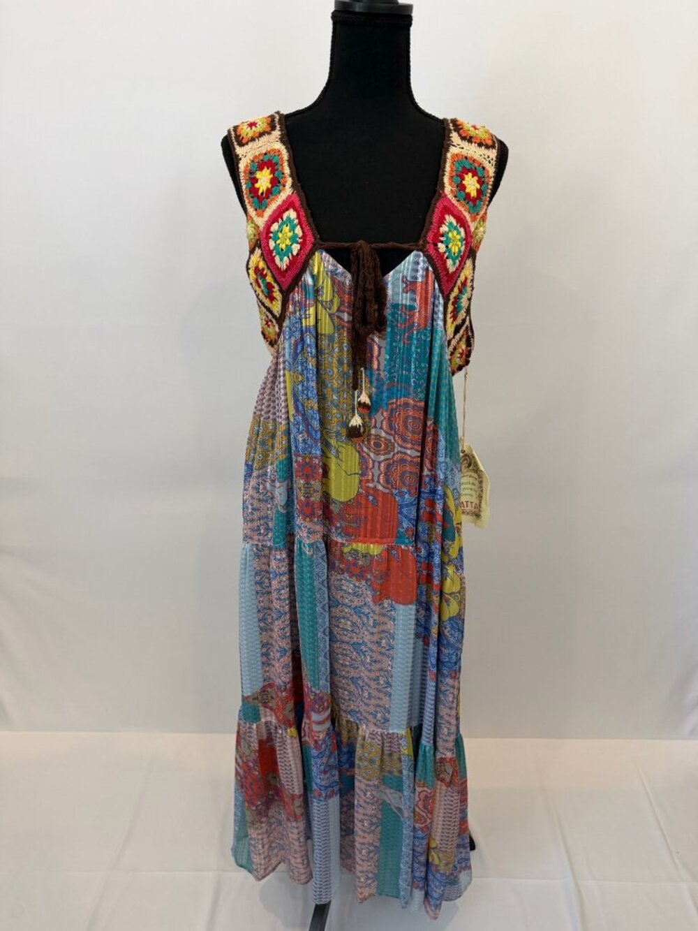 Aratta Silent Journey Crochet Granny Square Patchwork Boho Maxi Dress M NWT